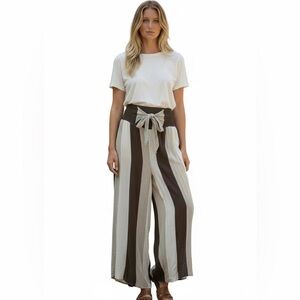 Oli & Hali Brown and Cream Striped Wide-Leg Pants Palazzo Boho Medium Tie Waist